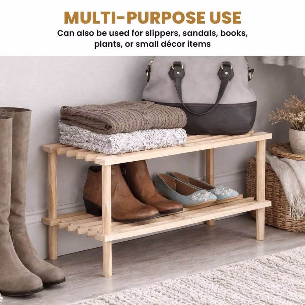 FLAVORA 2-Tier Wooden Shoe Storage Rack in Natural Brown, W: 50 cm – 4