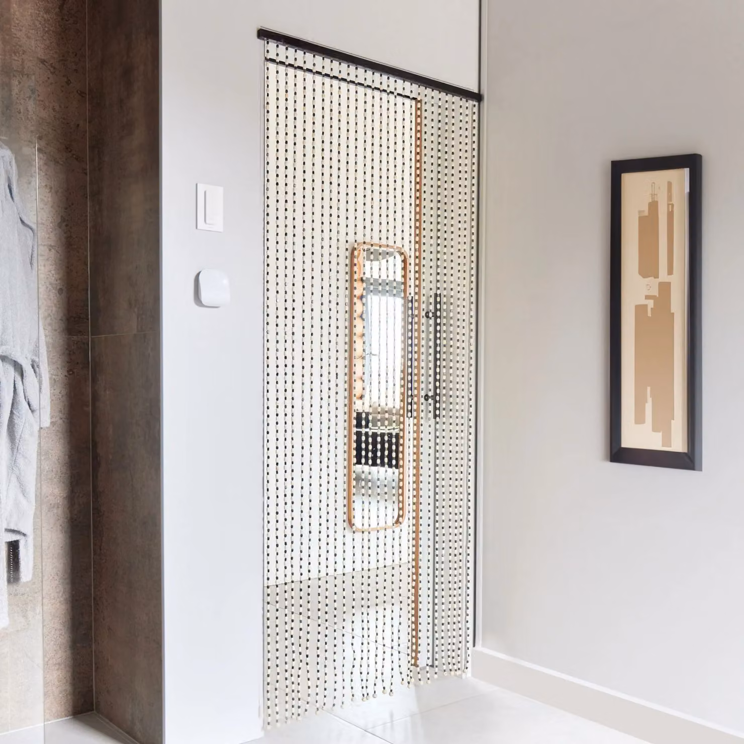 Novecrafto Handmade Wooden Beaded Door Curtain with Hooks, White and Black Pattern, W: 90 cm, H: 200 cm – 3