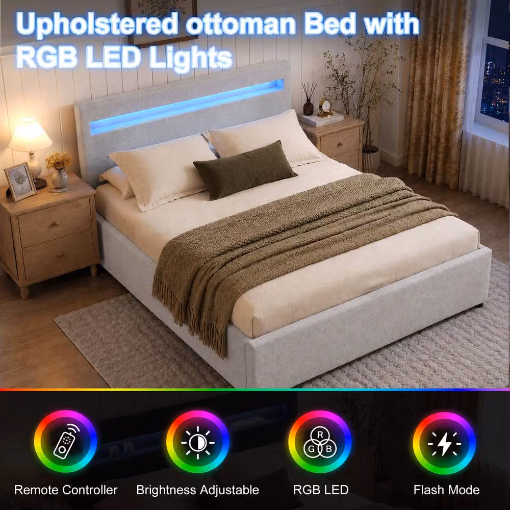 Comfy Living Ltd Modern Fabric Upholstered Ottoman Bed Frame with LED Under-Bed Lighting in Light Grey, W/D/H: 180 x 200 cm – 2