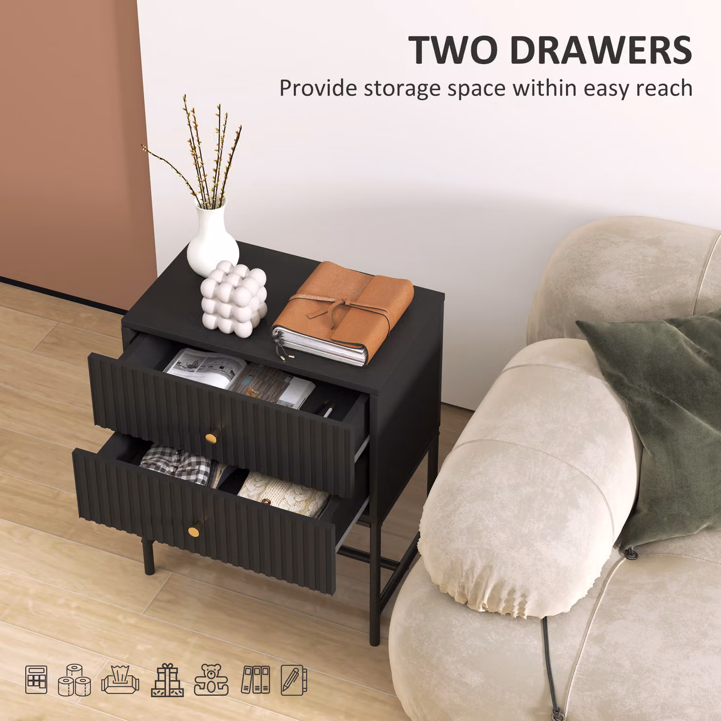 HOMCOM Modern Two-Drawer Bedside Table in Black and Gold – 4