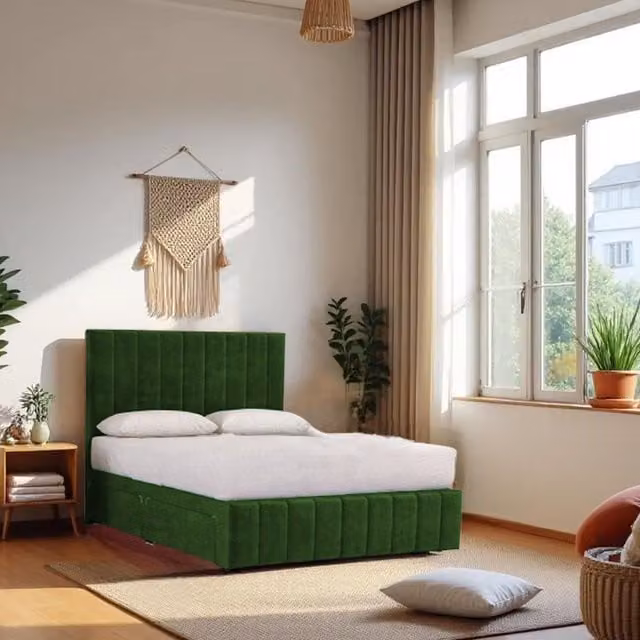Knight Sleep Paris Bed and Mattress Set with 2 Drawers and Upholstered Headboard and Footboard in Emerald Green, Super King Size