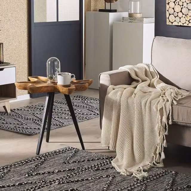Wyld and Coco Timberline Teak Side Table with Brown Bowl Top and Stainless Steel Tripod Base