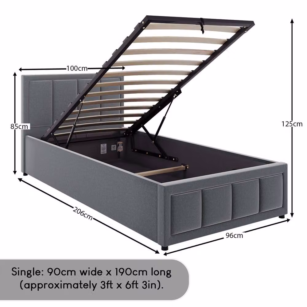 Vida Designs Vanita Single Ottoman Bed Frame in Light Grey Linen Fabric with Lift Up Storage Base – 4