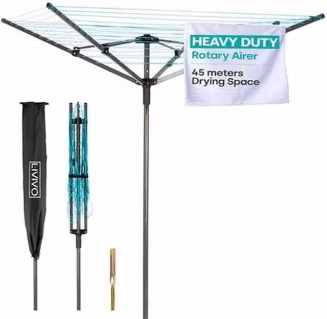 NESTLUNE Rotary Clothes Dryer with 45m Drying Capacity and Ground Spike in Black