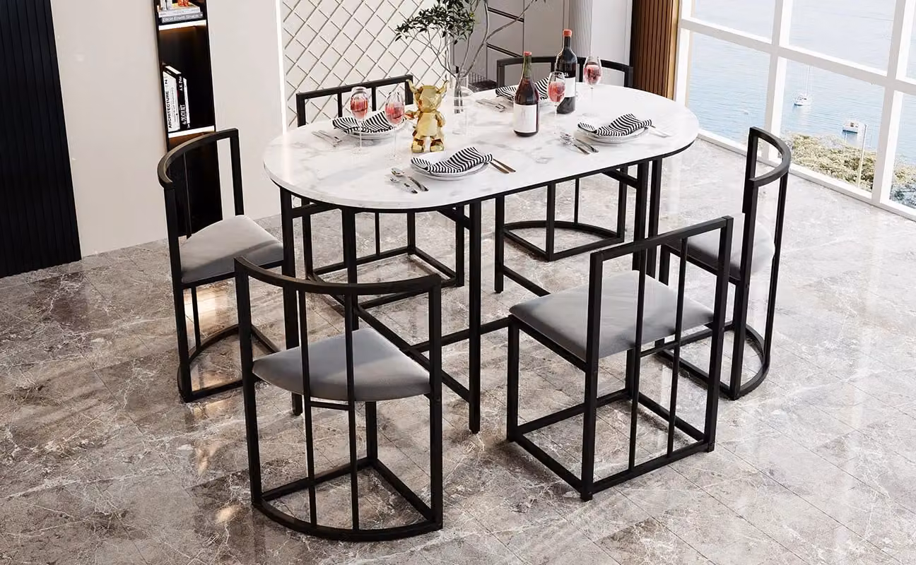 Matteo Modern Oval Dining Table Set with Six Chairs and Grey Cushions – 3