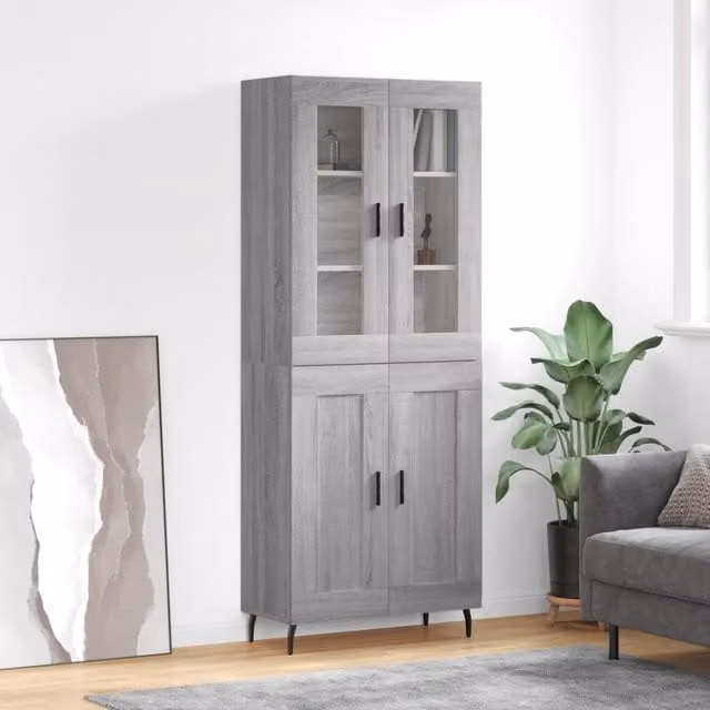 Berkfield Home Grey Sonoma Highboard with Glass Doors, W/D/H: 69.5 x 34 x 180 cm