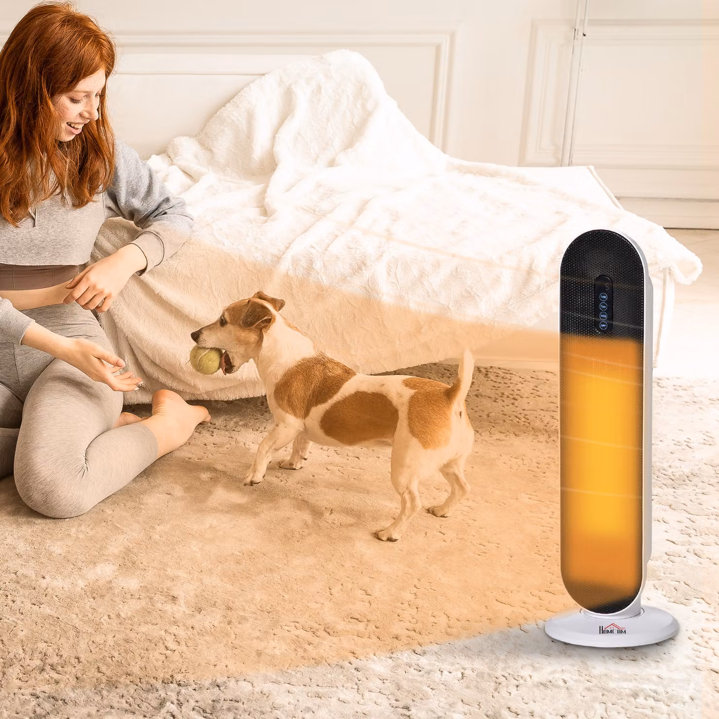 HOMCOM White Ceramic Fan Tower Heater with 45 Degree Oscillation, Remote Control, 24H Timer, Tip-Over and Overheating Protection, 2000W – 2