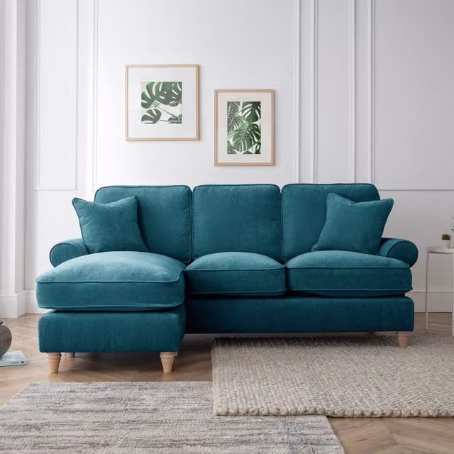 The Great Sofa Company Ezra Left Hand Velvet Chaise Sofa in Emerald Green with Scroll Arms
