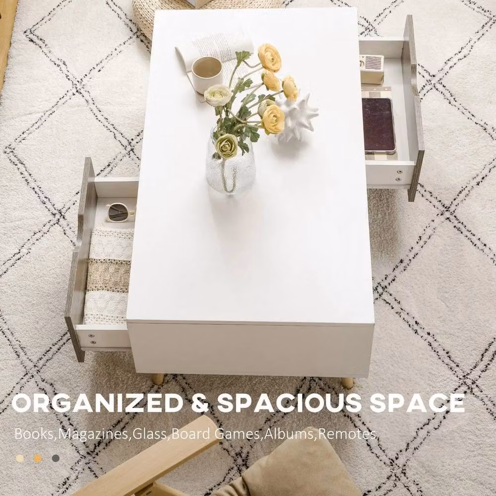 Kelvenix Modern White Coffee Table with Storage Shelves and 2 Drawers, W: 106 cm x D: 58 cm x H: 39.5 cm – 3