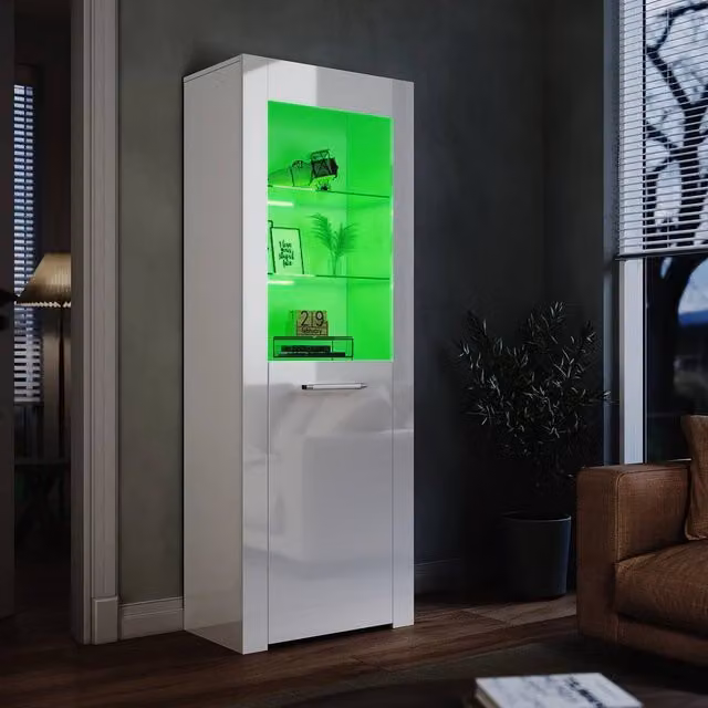 FORGEVIO Modern High Gloss White Display Cabinet with Glass Doors and Integrated Lighting, H 165 x W 35 x D 35 cm