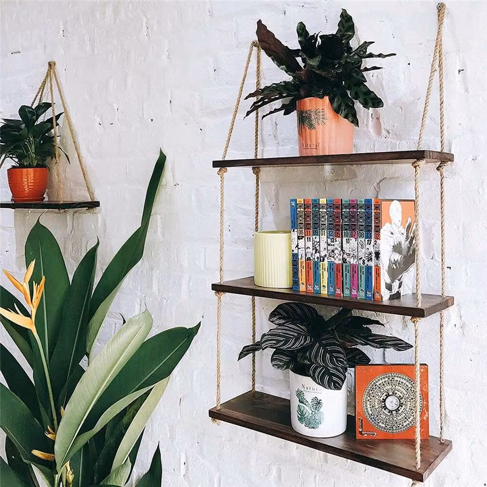 FLAVORA Rustic Brown Wood Rope Hanging Wall Plant Shelves – 4