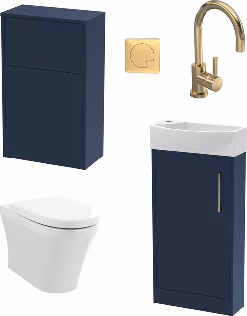 Balterley Modern Cloakroom Suite with Single Door Floor Standing Vanity Unit, Basin, Toilet and Mixer Tap in Blue and Gold