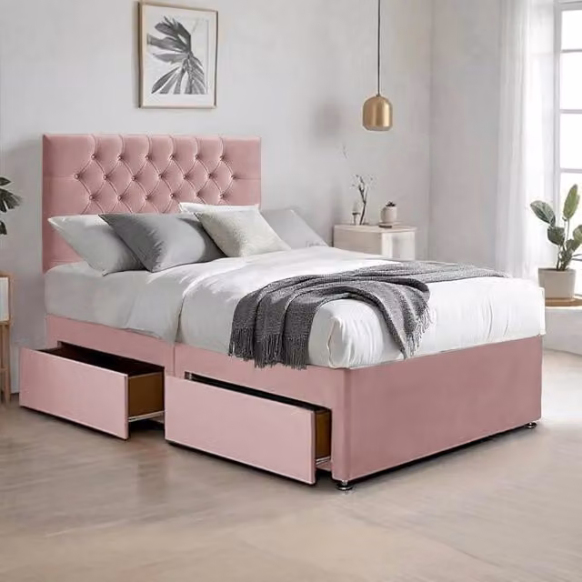 Bed Time UK Super King Plush Velvet Bed with Mattress, 2 Drawers and 20 inch Chesterfield Headboard in Pink, W/D/H: 200 x 200 cm