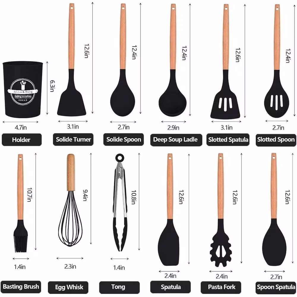 EONLION 12-Piece Black Kitchen Utensils Set with Heat-Resistant Silicone and Wood Tools – 2