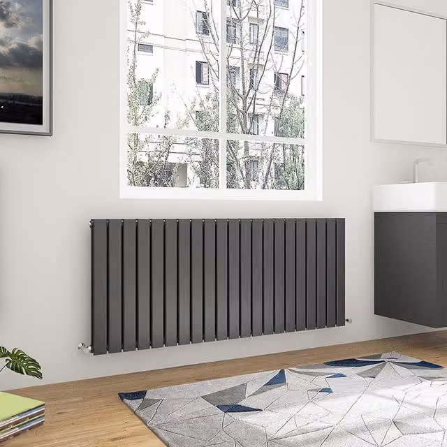 AicaBathroom Horizontal Flat Panel Double Radiator in Anthracite Grey, W: 142.8 cm, H: 60 cm, D: 6 cm