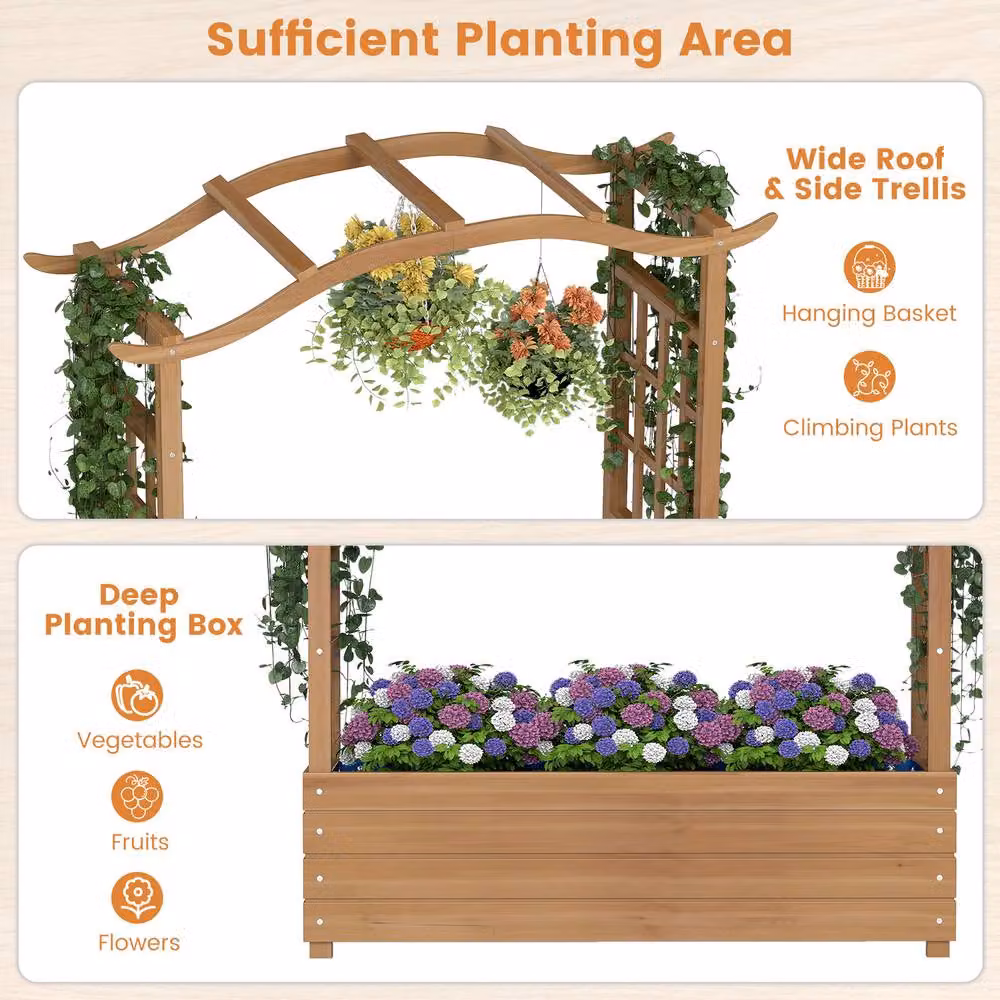 Gymax Solid Wood Raised Garden Bed with Trellis and Hanging Roof, Brown, W/D/H: 124 x 36 x 99 cm – 4