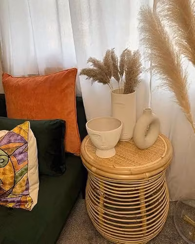Desser Royal Rattan Side Table in Beige, Round Wicker Lamp Table with Cane Pole Design – 4