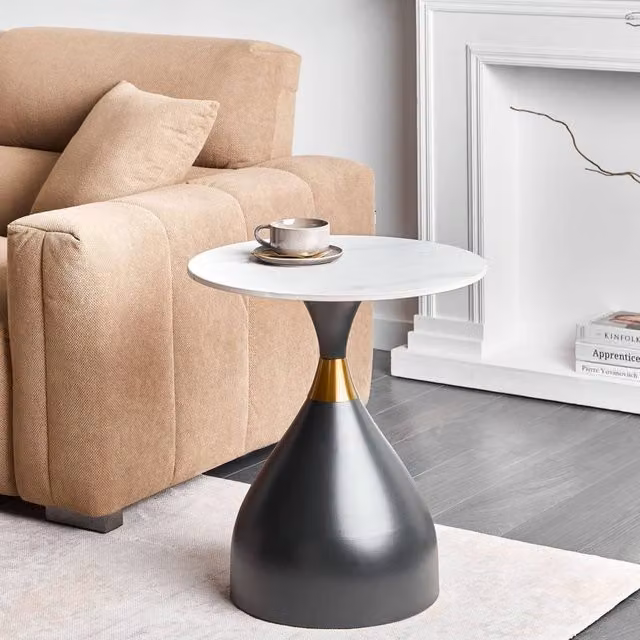 Wyld and Coco Sculptural Side Table with White Sintered Stone Top and Black Metal Base – 1