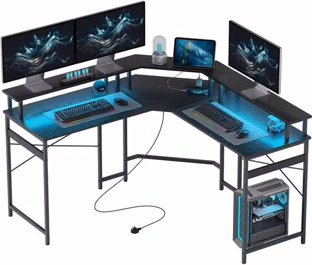KORVIXA L Shaped Corner Desk with Power Outlet and LED Lights in Black