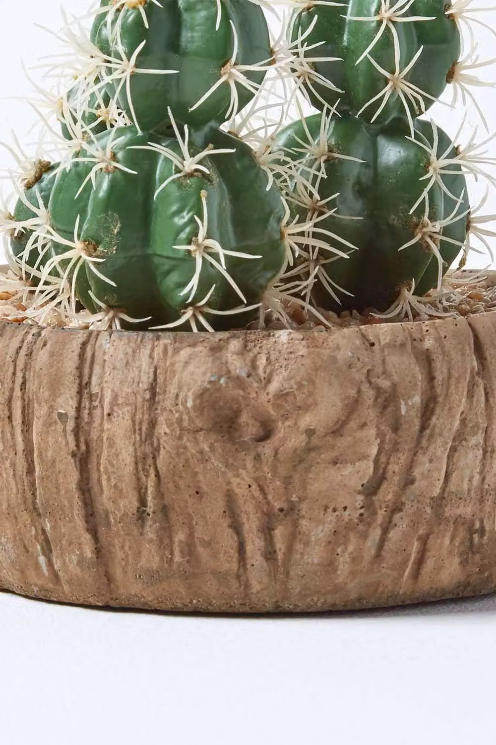 Homescapes Echinocactus Artificial Succulent in a Round Wooden Planter, Green and White, Height: 15 cm – 3