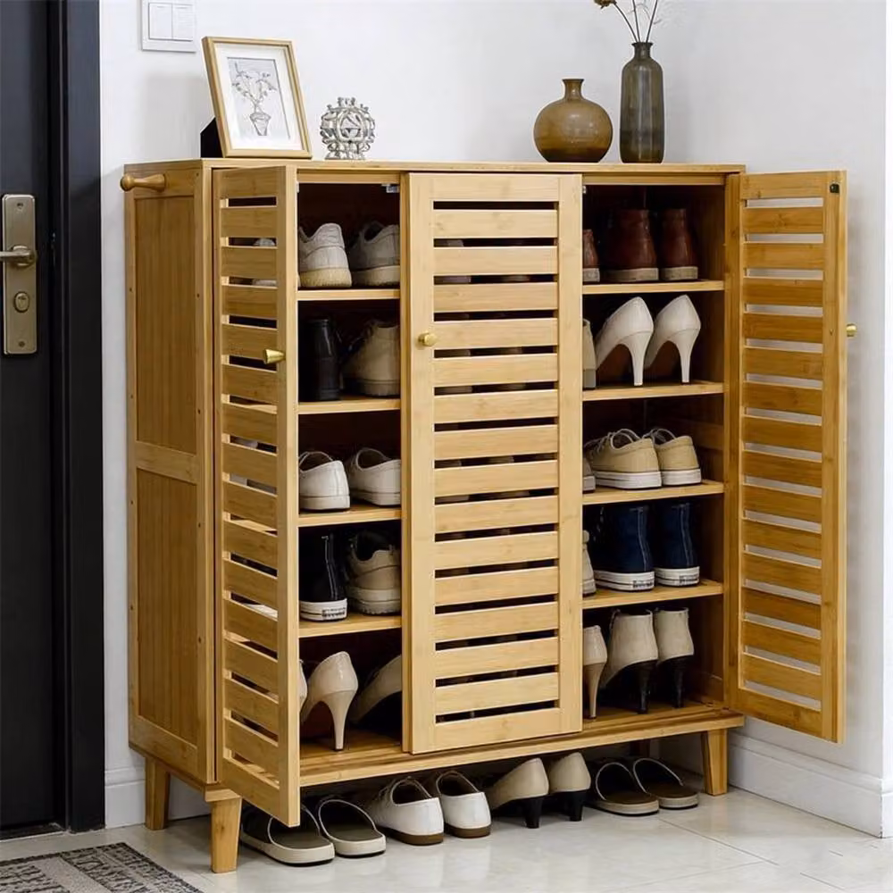 KORVIXA 3-Door Wooden Shoe Storage Cabinet in Natural Sand, W/D/H: 100 x 100 x 100 cm – 3