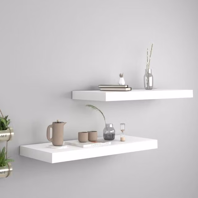 Berkfield Home Floating Wall Shelves, 2 Piece Set, White, W: 60 cm, D: 23.5 cm, H: 3.8 cm – 1