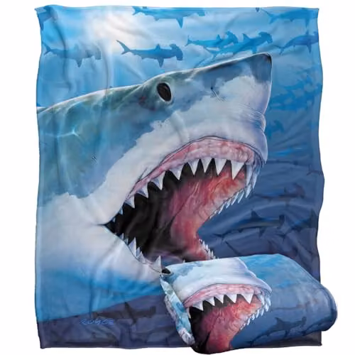 JQ Licensing Royce McClure Great White Shark Super Soft Silky Touch Throw Blanket, White, W: 152 cm, D: 127 cm