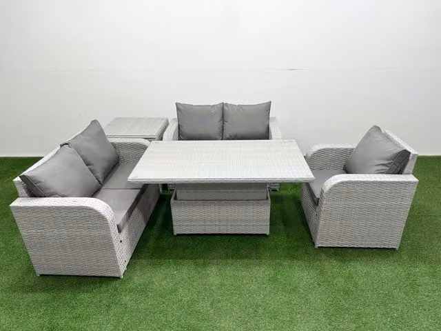 Fimous Grey Poly Rattan Garden Furniture Set with Reclining Armchair, 2-Seater Sofa, and Adjustable Coffee Table