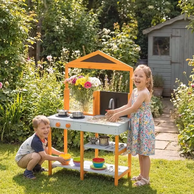 AIYAPLAY Wooden Mud Kitchen with Sink and Cookware Shelves, Blue