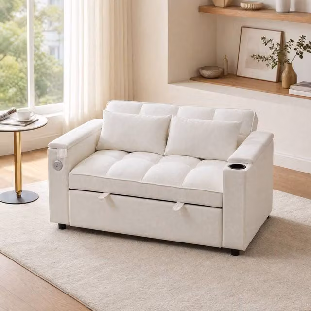 STILVORA Beige Fabric Click-Clack Sofa Bed with USB Charging and Cup Holder, 140 x 190 cm