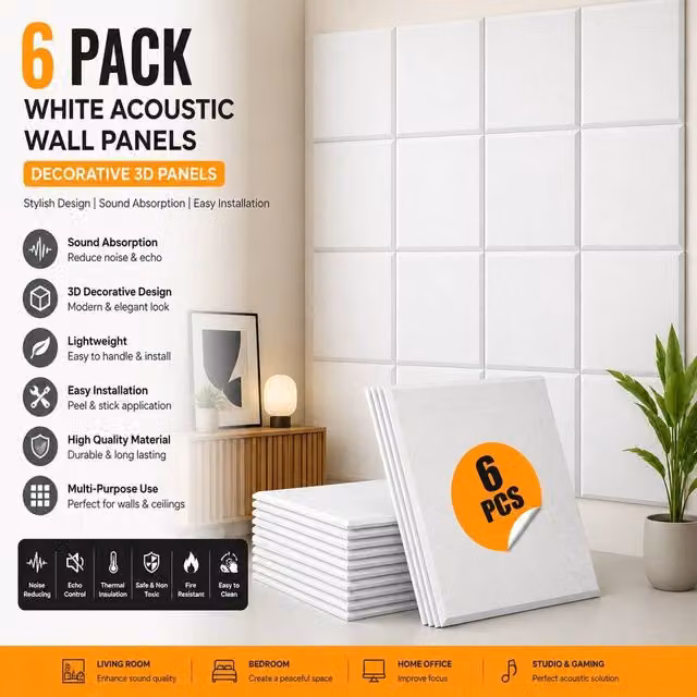 ATEK 6 Pack Black Self Adhesive Sound Proofing Wall Panels, Acoustic Insulation Absorbing Felt Panels, W/D/H: 30 x 30 x 30 cm