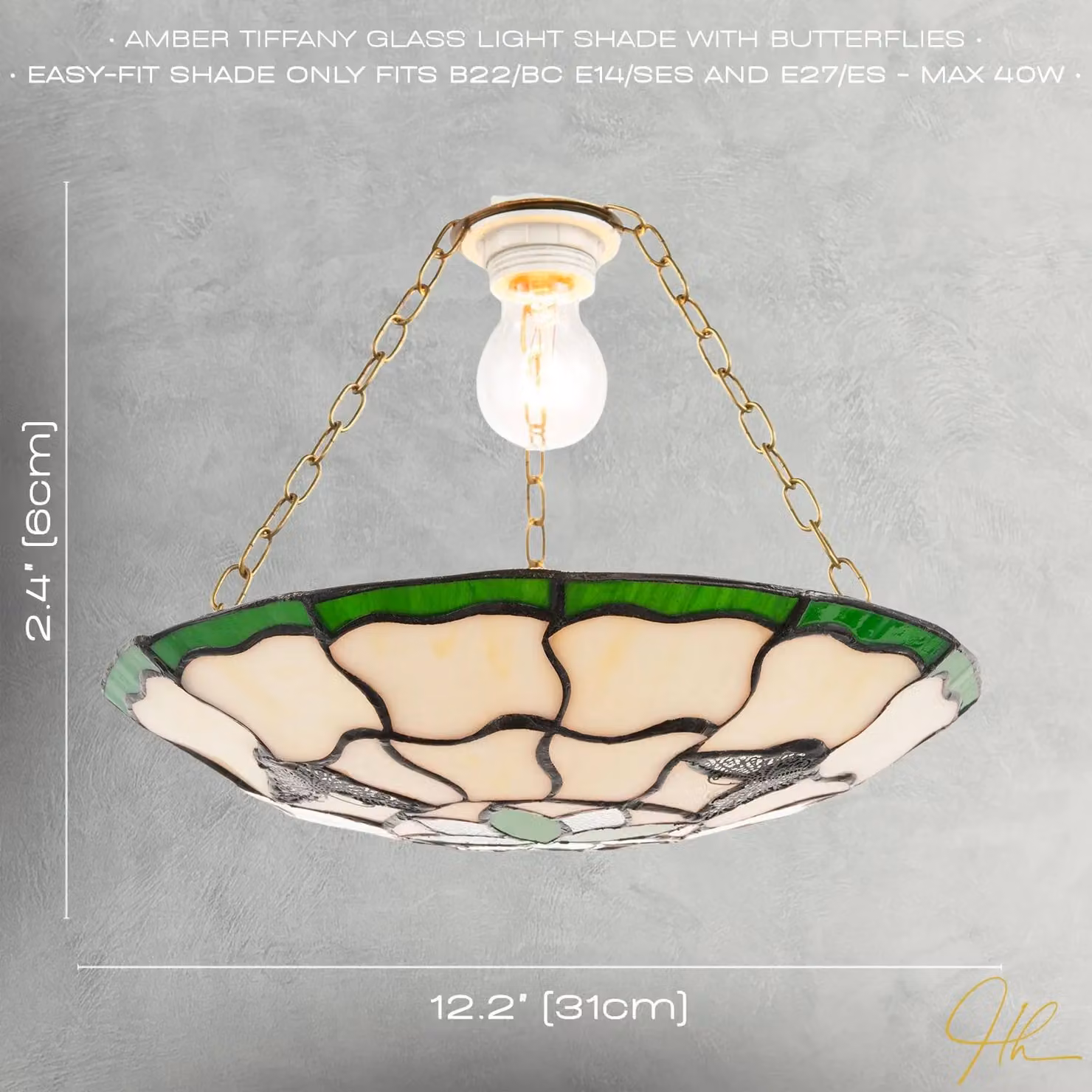 Happy Homewares Traditional Butterfly Tiffany Glass Pendant Lighting Shade in Green and Amber – 3