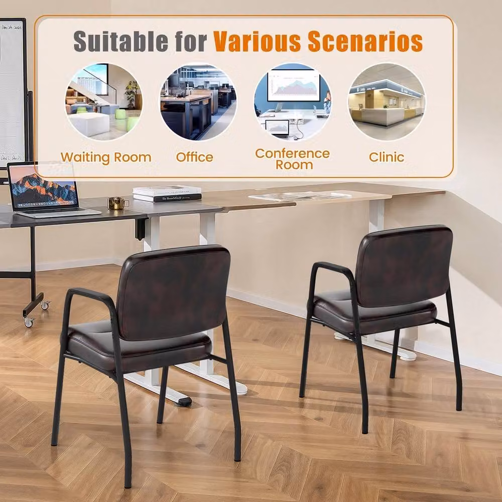 EONLION Set of 2 Modern Waiting Room Chairs with Armrests in Brown Synthetic Leather and Metal – 3