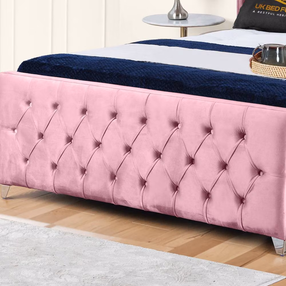 UK Bed Furniture Windsor Wingback Upholstered Velvet Slatted Bed in Pink, W/D/H: 180 x 200 cm – 3