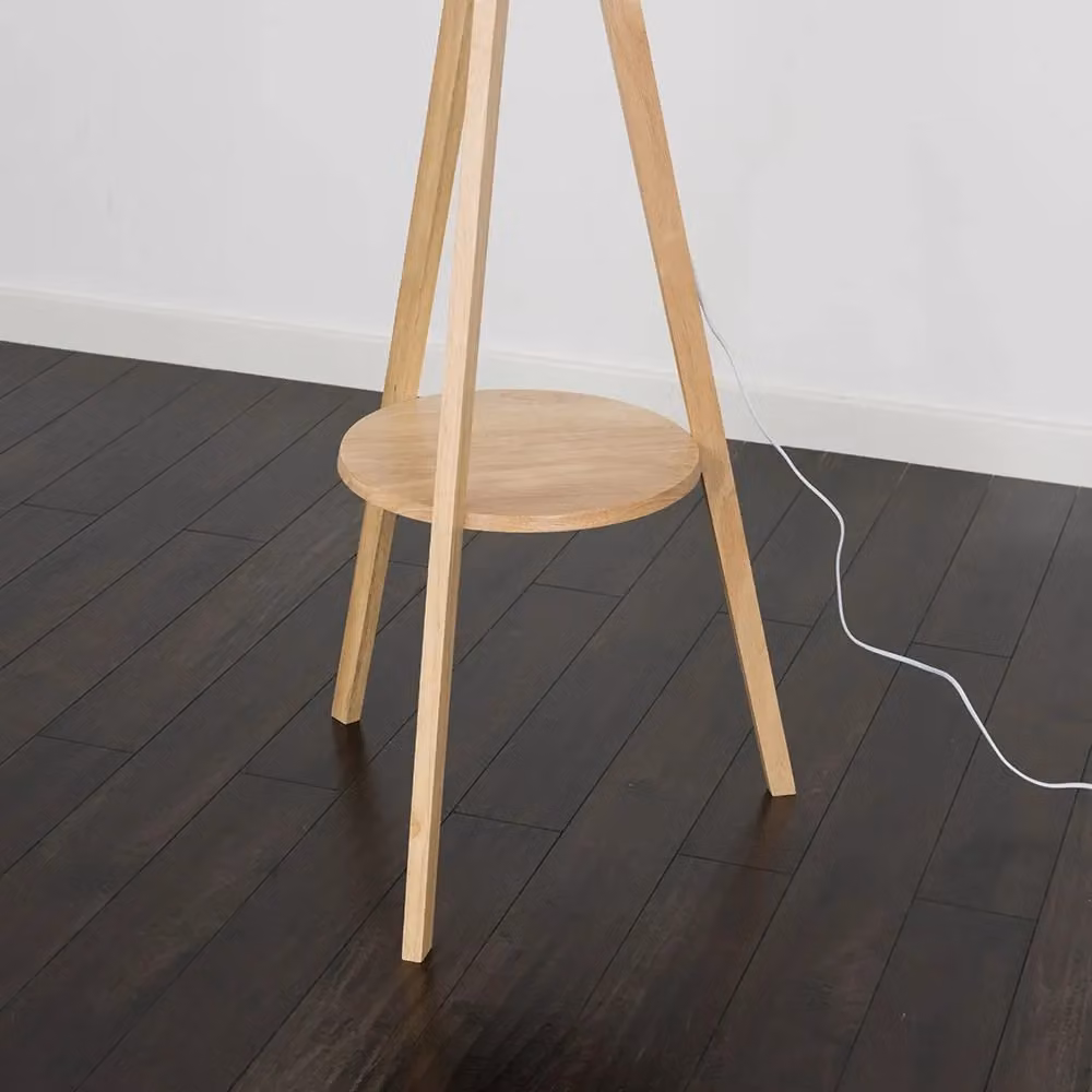 ValueLights Morrigan Natural Wood Tripod Floor Lamp with Grey Fabric Drum Shade – 3