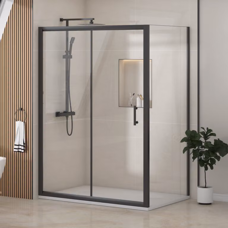 Royal Bathrooms Milan Sliding Door Shower Enclosure with Side Panel and White Slate Effect Stone Shower Tray, Matt Black, W: 120 cm, D: 70 cm, H: 185 cm, 6mm Glass