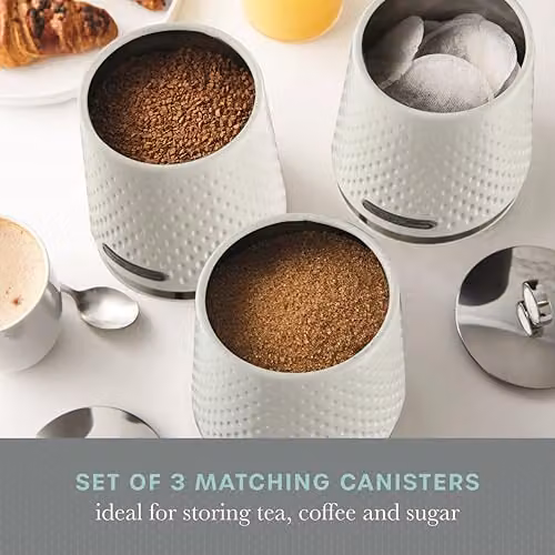 Swan Elegance Set of 3 Airtight Kitchen Storage Canisters for Tea, Coffee and Sugar in White with Stainless Steel Accents, 1.3 l – 2