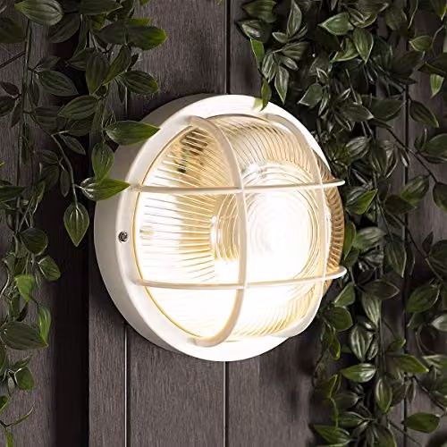 CGC Lighting Ronnie White Cage Round Bulkhead Wall and Ceiling Light with Glass and Plastic, IP44 Weatherproof for Garden and Indoor Use – 2