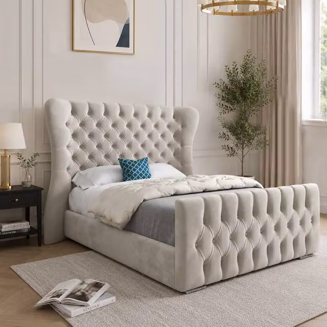 Casani Rendlesham Upholstered Velvet Designer Bed Frame in Beige, W/D/H: 137 x 120 x 83 cm – 1