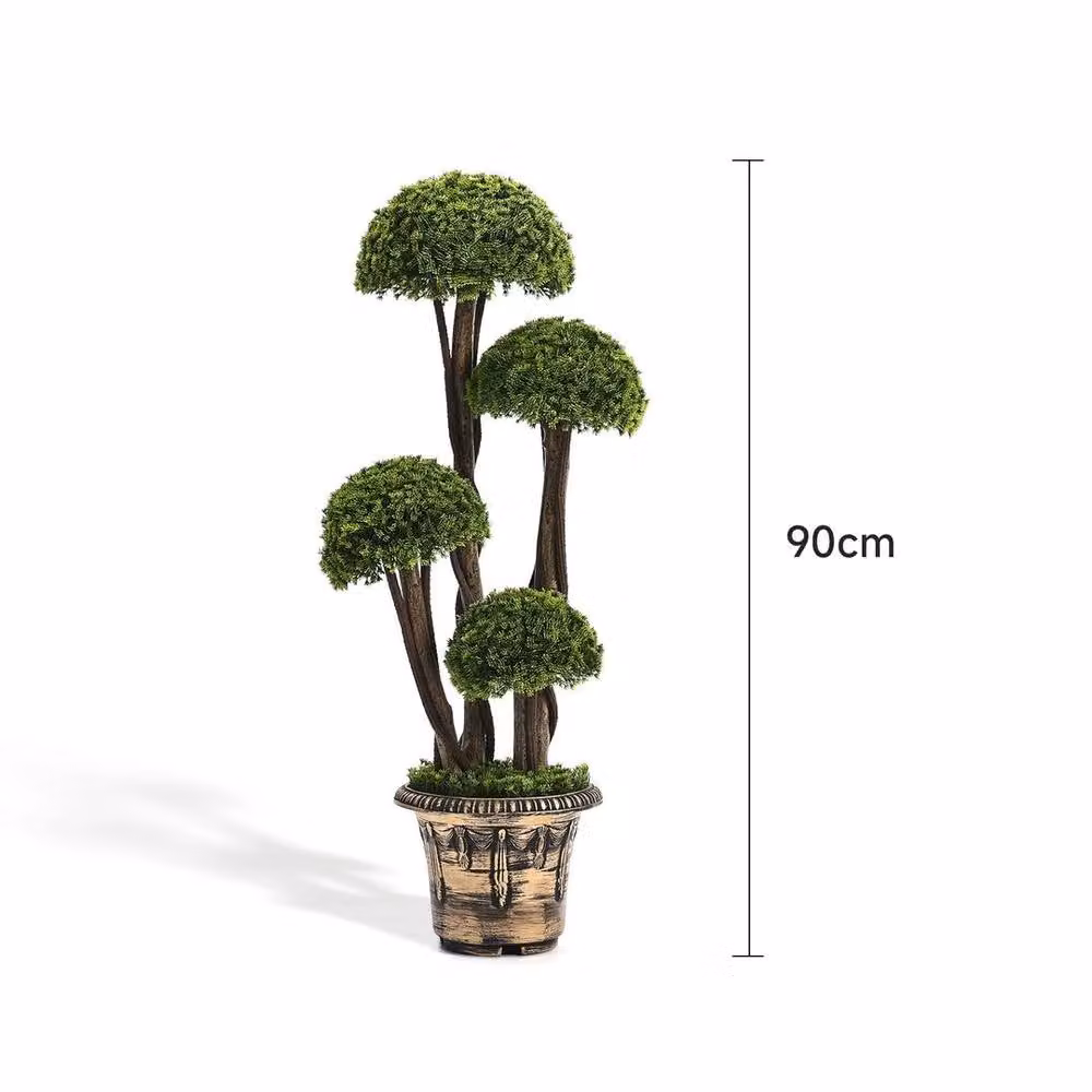 FLAVORA Green Artificial Cypress Topiary Tree Realistic Potted Faux Plant, Height: 90 cm – 2