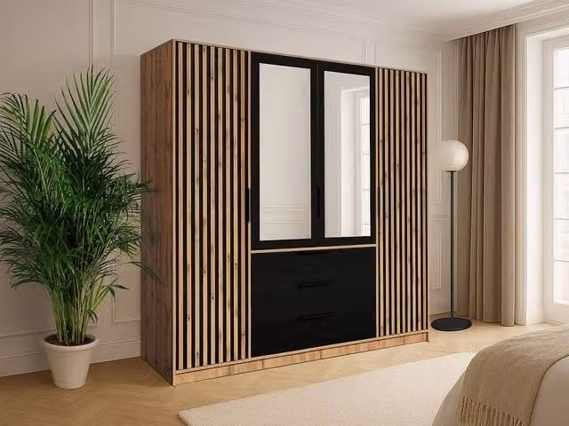 Vente-unique 4-Door 3-Drawer Wardrobe with Mirror in Black, W: 196 cm
