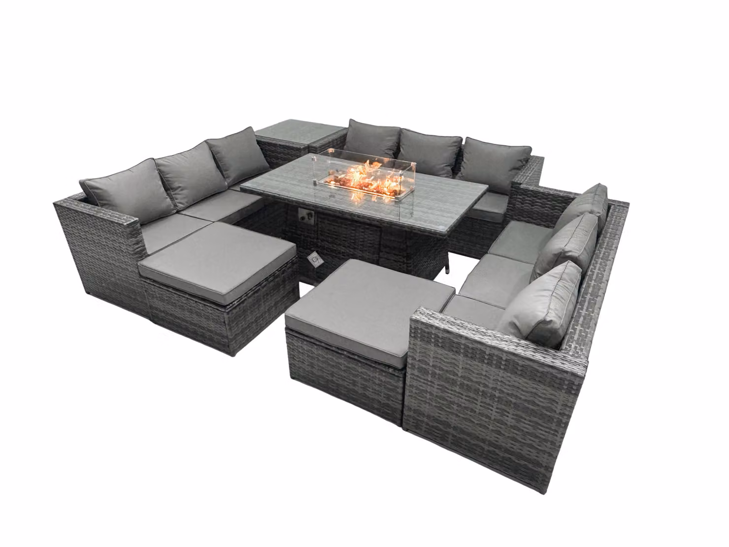 Fimous 10 Seater Rattan Garden Furniture Firepit Set with Glass Top Dining Table and Side Tables in Dark Grey – 2