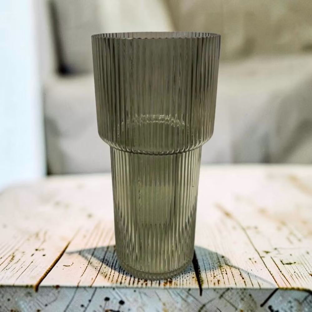 Four Candle Vintage Green Tall Ribbed Glass Vase, H: 30.0 cm, W: 14.0 cm, D: 14.0 cm – 2