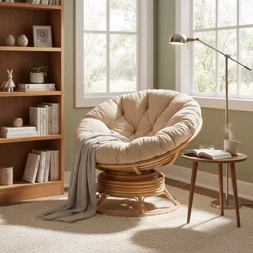 Desser Natural Rattan Papasan Chair with 360 Degree Swivel and Thick Beige Cushion – 2