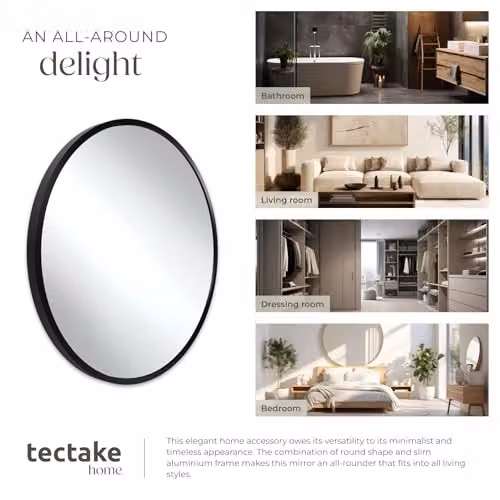 tectake Round Wall Mirror in Black with Minimalist Metal Frame, Diameter: 70 cm – 5
