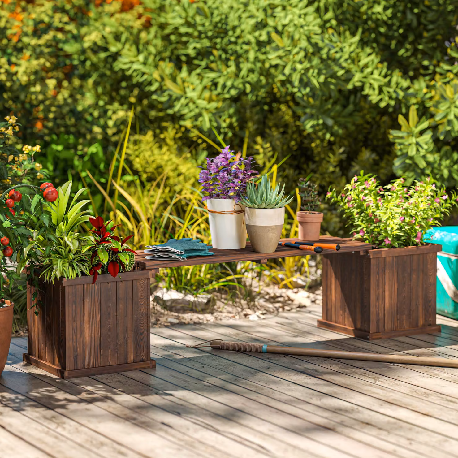 Outsunny Wooden Garden Planter and Bench Combination in Rustic Brown Carbonised Finish, W/D/H: 176 x 38 x 40 cm – 7