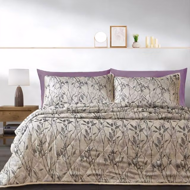 Velosso Wilder Jacquard Leaves Trail Quilted Bedspread Set in Lilac, King Size