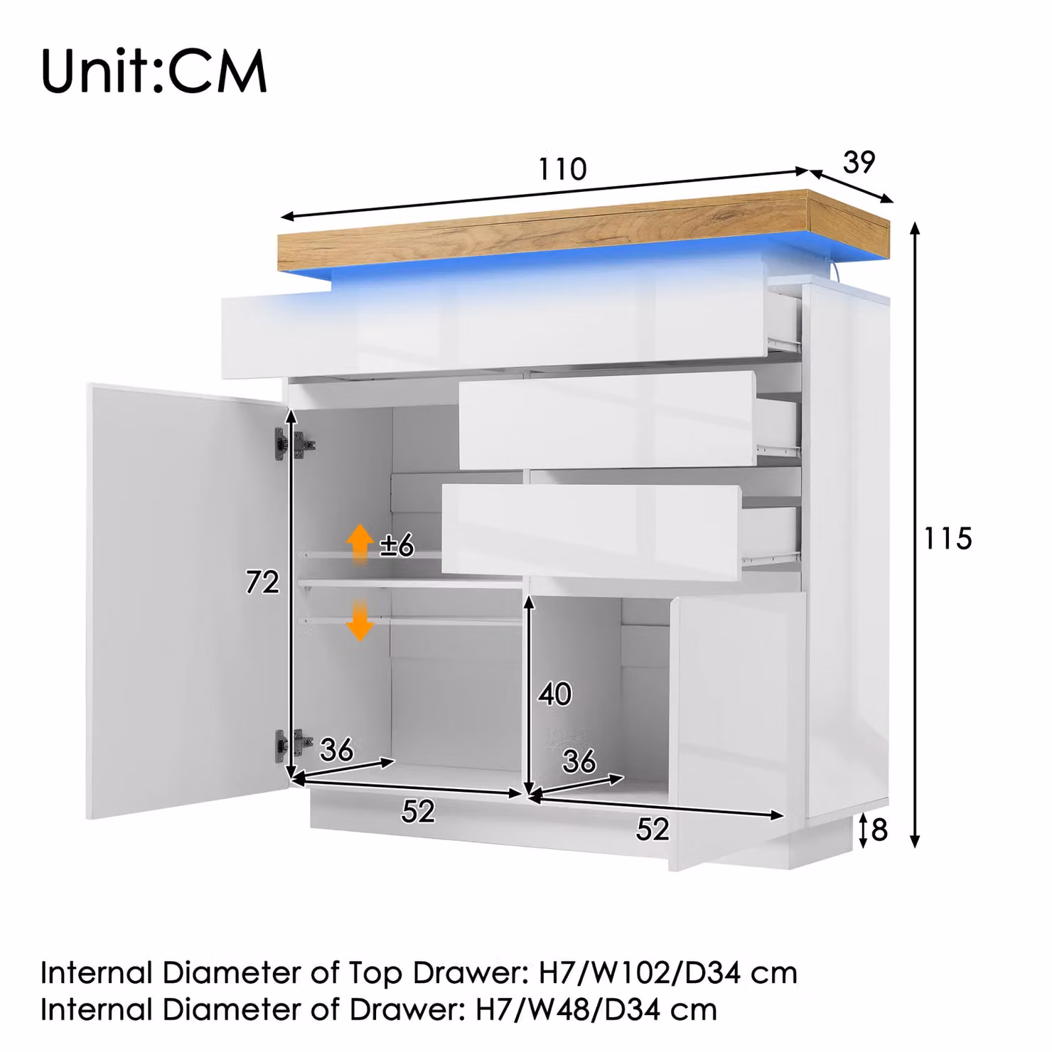 Matteo High-Gloss White Chest of Drawers and Sideboard Cabinet with Integrated RGB LED Lighting, W/D/H: 115 x 39 x 110 cm – 2