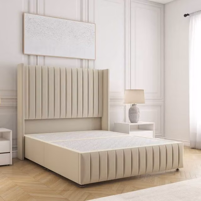 BSSPOKE Luna Plush Velvet Divan Bed with 54 inch Headboard in Beige, Single Size