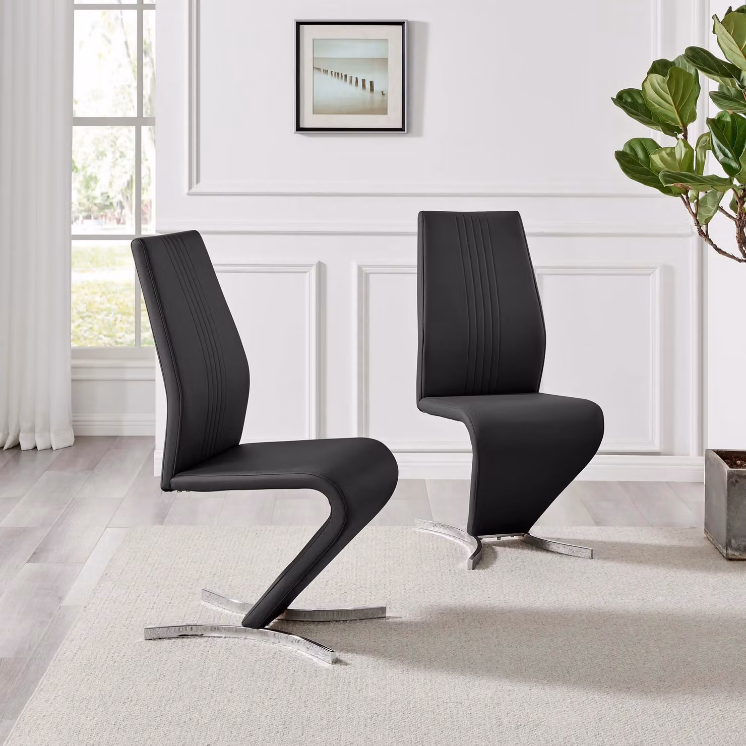 FurnitureboxUK Set of 2 Willow Modern Faux Leather Dining Chairs with Silver Chrome Metal Cantilever Legs in Black – 3